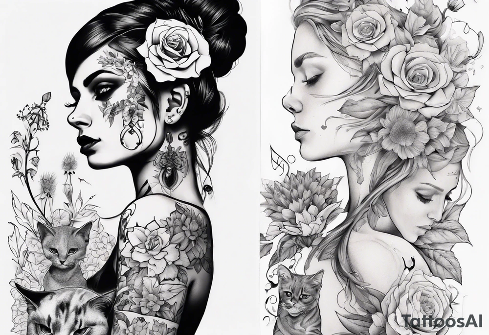 B&w tattoo arm with flowers dotting work and with an cat in it and a dark elf woman Scandinavian tattoo idea