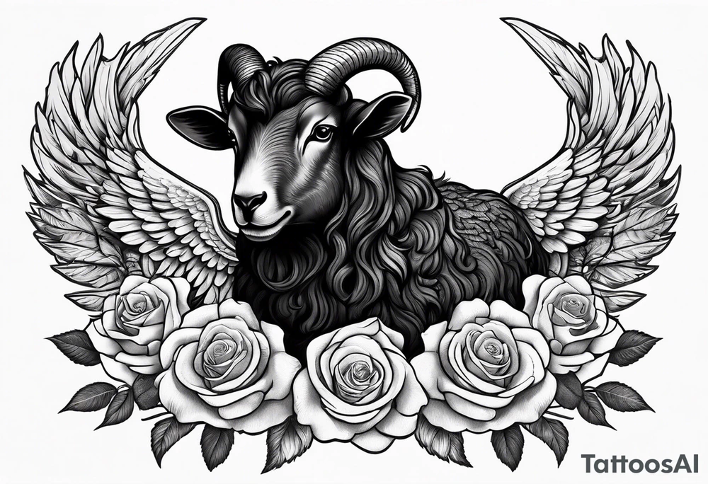 Black sheep with horns and angel wings for arm tattoo and roses around tattoo idea