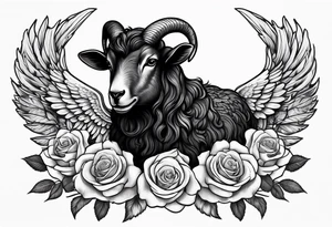 Black sheep with horns and angel wings for arm tattoo and roses around tattoo idea