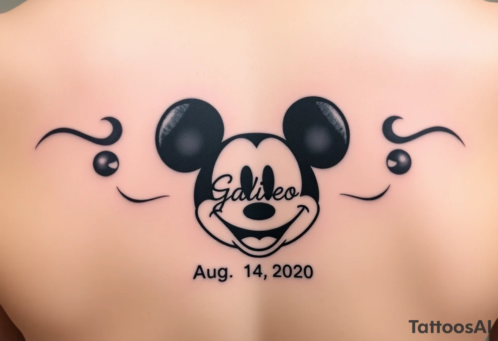 mickey mouse symbol with the name Galileo and the date August 14,2020, incorporated tattoo idea