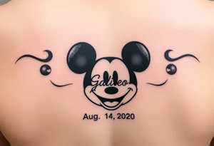 mickey mouse symbol with the name Galileo and the date August 14,2020, incorporated tattoo idea