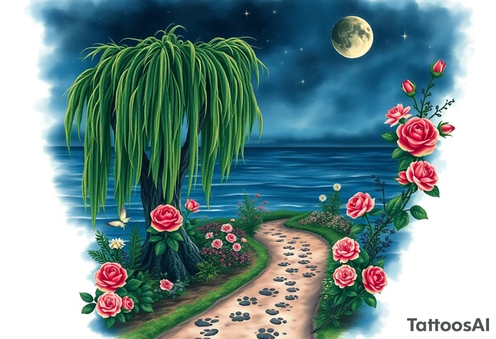 Night time. Ocean.  weeping willow garden with roses and liles flower beds. fantasy creatures, fairies, mermiads, dragons butterflies,  cat paw prints path in dirt. tattoo idea