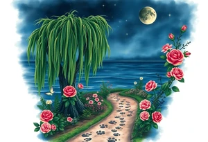 Night time. Ocean.  weeping willow garden with roses and liles flower beds. fantasy creatures, fairies, mermiads, dragons butterflies,  cat paw prints path in dirt. tattoo idea