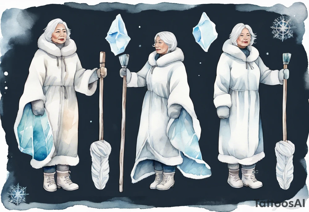 a middle aged Inuit woman with white hair, wearing mittens, wearing a white cloak, holding a white staff, wearing mukluks, standing on an iceberg in the sea tattoo idea