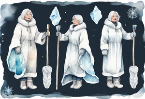 a middle aged Inuit woman with white hair, wearing mittens, wearing a white cloak, holding a white staff, wearing mukluks, standing on an iceberg in the sea tattoo idea