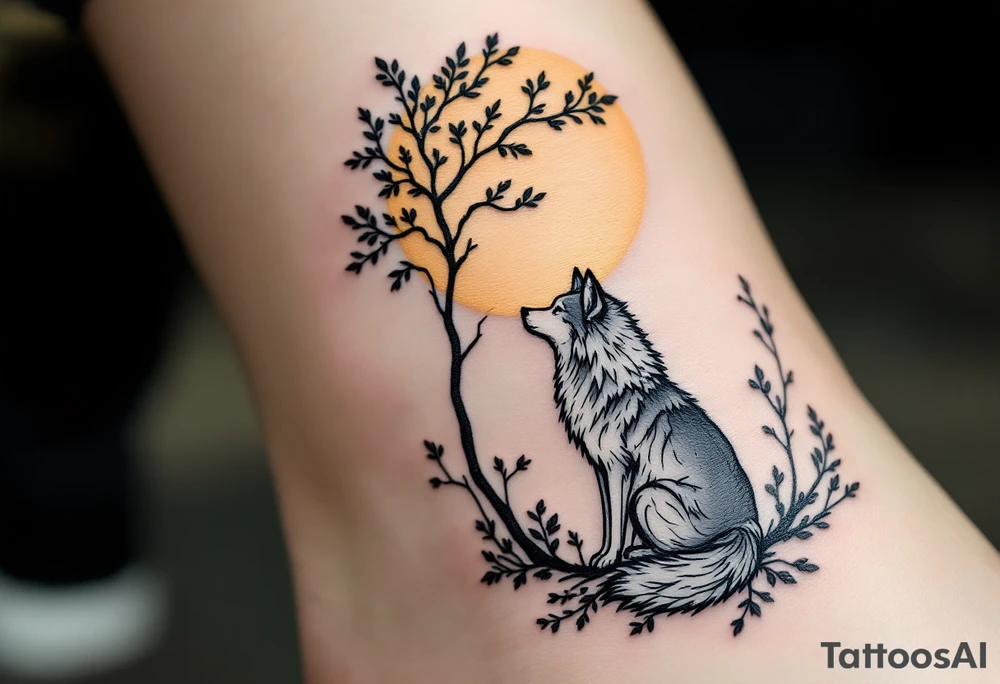 Wolf sitting peacefully beneath a moonlit tree, done in soft gray, muted green, and pale moonlight yellow tones. tattoo idea