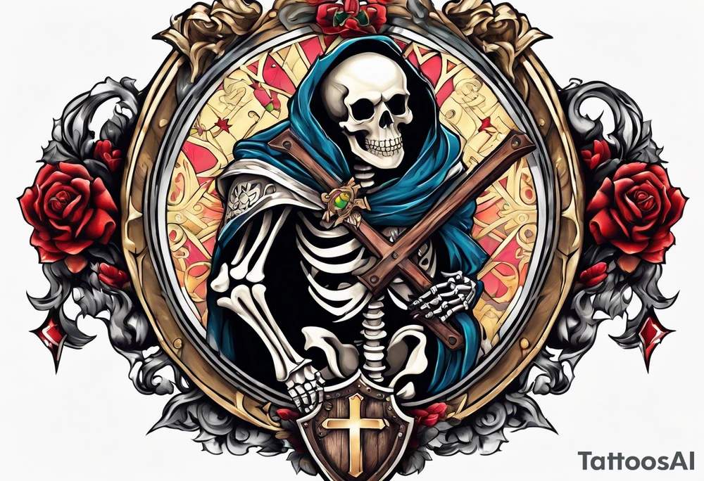 skeleton holding a shield with a cross on it tattoo idea