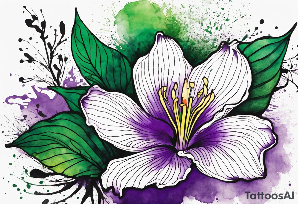 A mystical outline of a rio dipladenia flower and a green/purple watercolor splash in the background tattoo idea