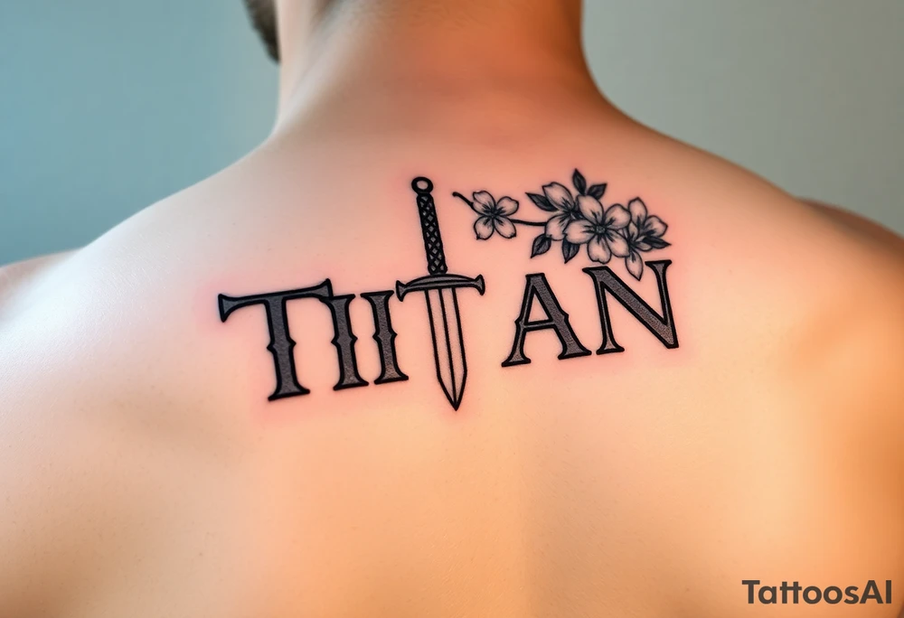 Name ‘Titan’ with birthday, Greek mythology inspired font with mini swords the T in Titan is a sword with cherry blossoms flowers in the background add color tattoo idea