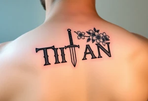 Name ‘Titan’ with birthday, Greek mythology inspired font with mini swords the T in Titan is a sword with cherry blossoms flowers in the background add color tattoo idea