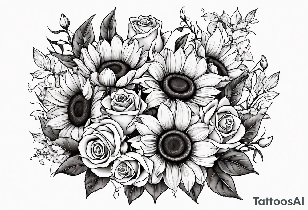 sunflower rose sweet pea bouquet tattoo idea