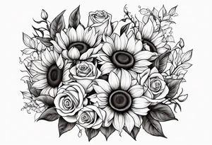 sunflower rose sweet pea bouquet tattoo idea