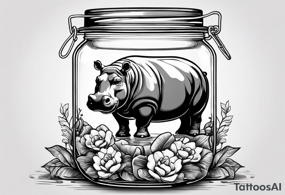 Hippo floating in a Mason jar filled with water tattoo idea