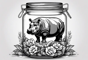 Hippo floating in a Mason jar filled with water tattoo idea