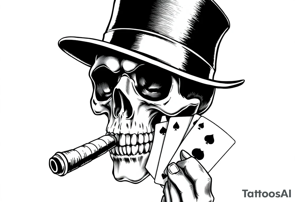 a skull with mustache, a big cigar in his mouth,top-hat on his head and playing cards in a hand. tattoo idea