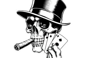 a skull with mustache, a big cigar in his mouth,top-hat on his head and playing cards in a hand. tattoo idea