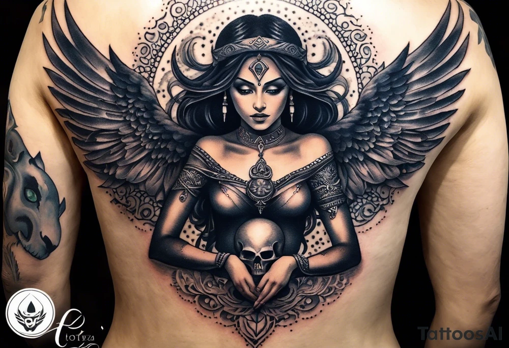 black kali, goddess pirate, alien, angel, pachamama, valkrye, warrior, flying, skull, lotus azul, wing, eagle, zenza resonance, stars, 5D, anahata chakra, death, durga, riding on a tiger, flying lady, chest tatoo tattoo idea