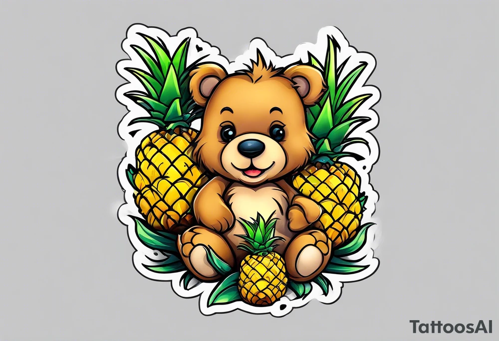 Teddy Bear biting pineapples tattoo idea