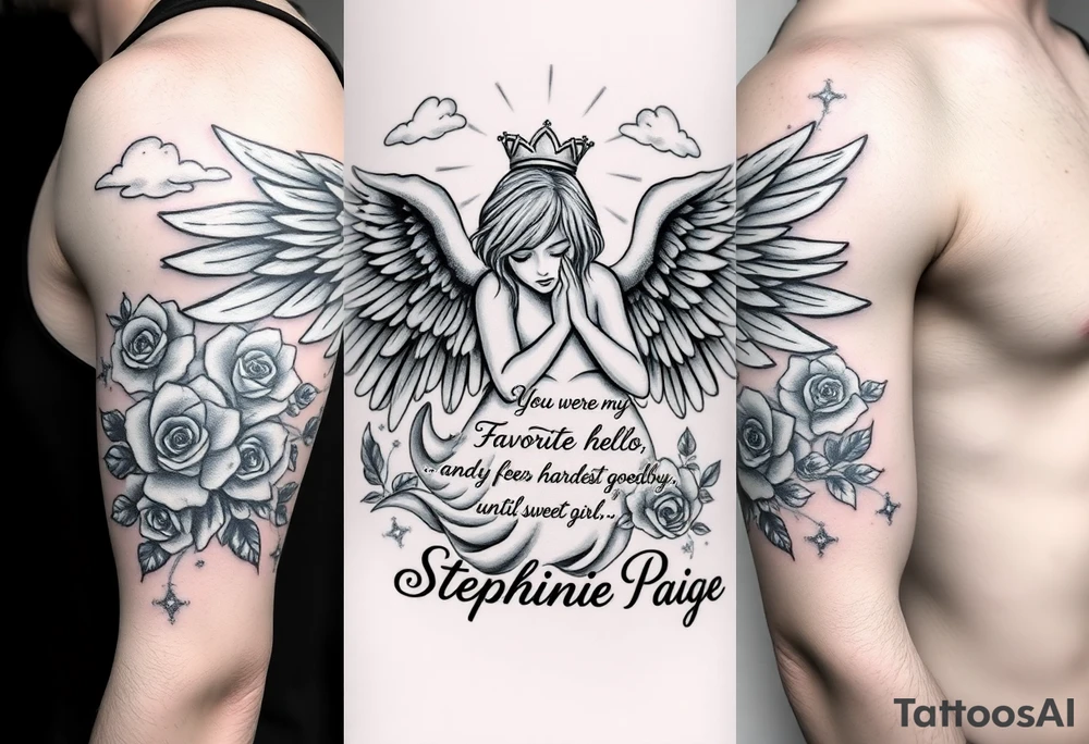 A beautiful memorial tribute tattoo with a fallen angel with big beautiful wings kneeled down crying with roses all around and clouds above and beams of haven shining down. With the saying " You were my favorite hello,and my hardest goodbye.Until we meet again,my sweet girl,rest easy" with the name Stephanie Paige underneath the saying ,all in bold beautiful writing or font. Add a bold crown at the top of it all and any extras you feel would blend or go with this idea. tattoo idea