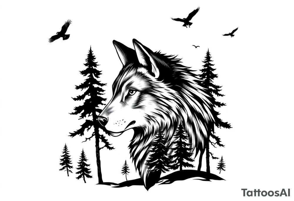 Wolf head surrounded by large pine trees growing from black ground and small ravens flying overhead tattoo idea