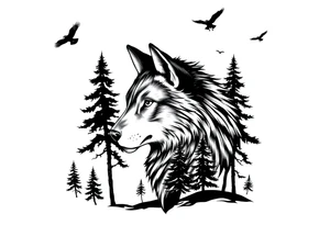 Wolf head surrounded by large pine trees growing from black ground and small ravens flying overhead tattoo idea