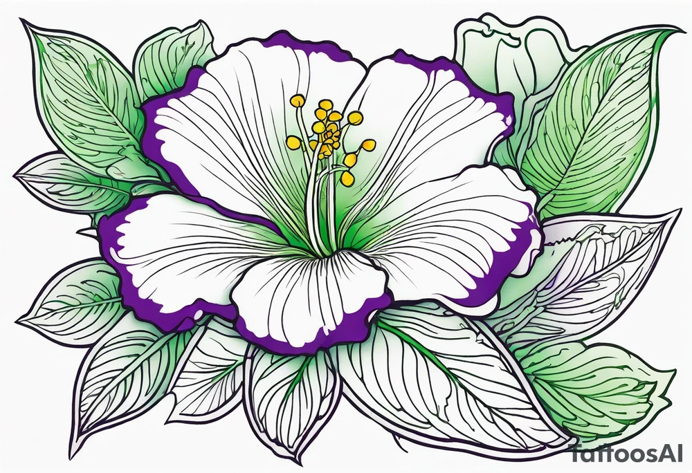 An outline of a green rio dipladenia flower and a green/purple in the background tattoo idea