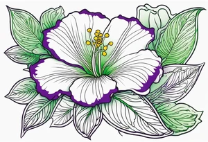 An outline of a green rio dipladenia flower and a green/purple in the background tattoo idea