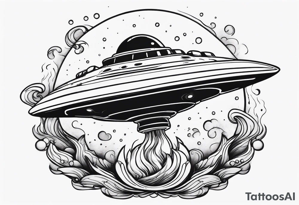 thin rocketship with a psychedelic mushroom top with fire coming out the bottom bursting out of bubble tattoo idea
