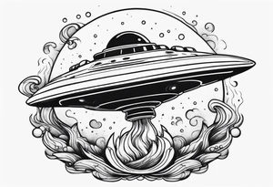 thin rocketship with a psychedelic mushroom top with fire coming out the bottom bursting out of bubble tattoo idea