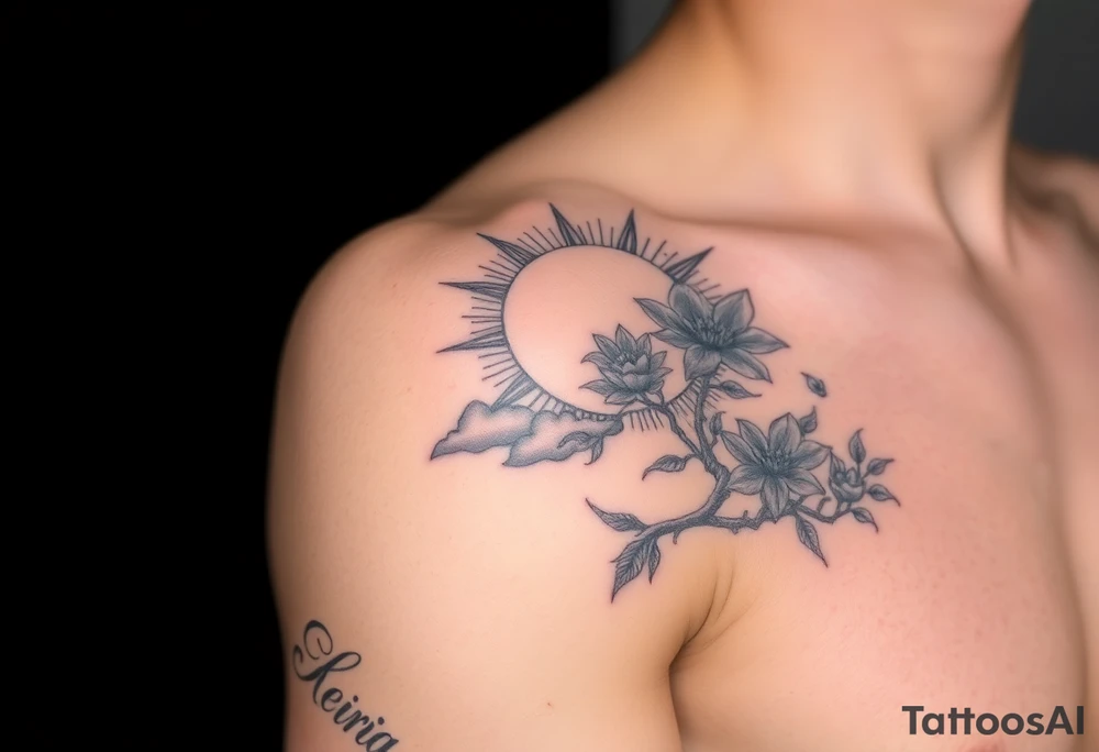 sun 
 surrounding by clouds, tree blooming with flowers on the shoulder tattoo idea
