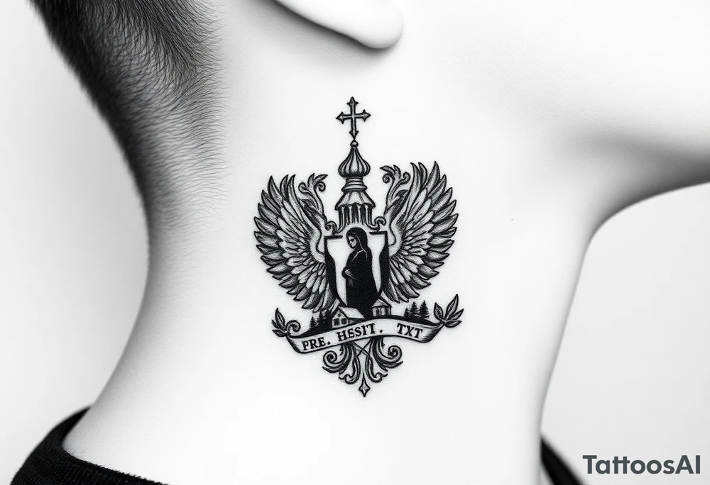 Traditional authentic Russian coat of arms with a Christian orthodox virgin marry in the middle and silhouette in a Russian wilderness Christian orthodoxy dome church village setting on the side of my neck tattoo idea