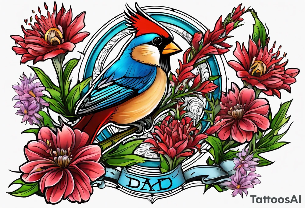 Aster flowers and sea rocket flowers with a cardinal around the words Dad tattoo idea