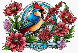 Aster flowers and sea rocket flowers with a cardinal around the words Dad tattoo idea