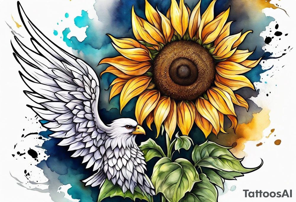 Sunflowers and angel wings leg sleeve tattoo idea