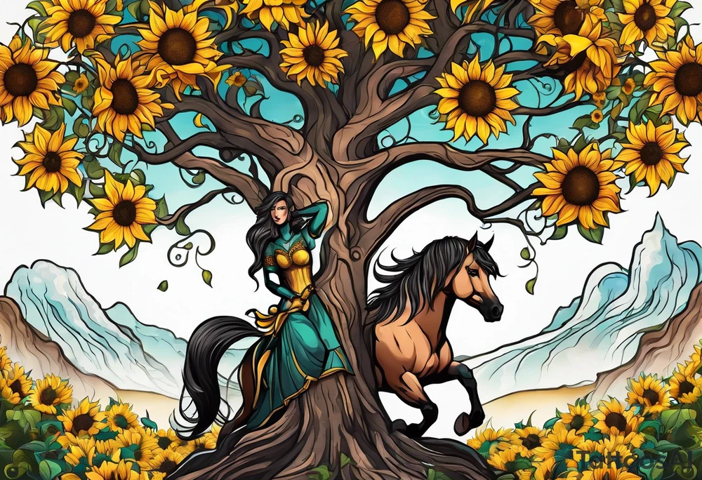 Yggdrasil tree, horse in front of it, and sunflowers tattoo idea