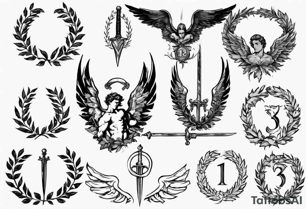 number 13, a laurel leaf wreath, and a Male angel holding sword tattoo idea