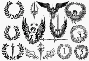 number 13, a laurel leaf wreath, and a Male angel holding sword tattoo idea