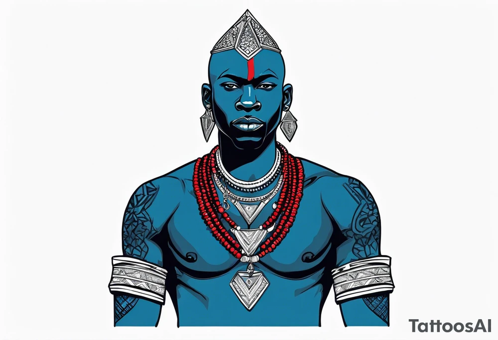 Black-skinned bald african warrior. He wears a simple and small silver crown. He uses blue and red necklaces tattoo idea