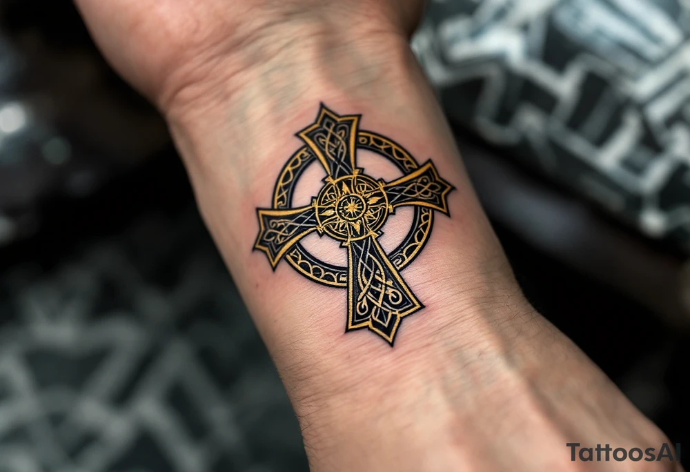 A black and gold Celtic cross, featuring intricate triquetra knots and a radiant golden halo around the center. tattoo idea