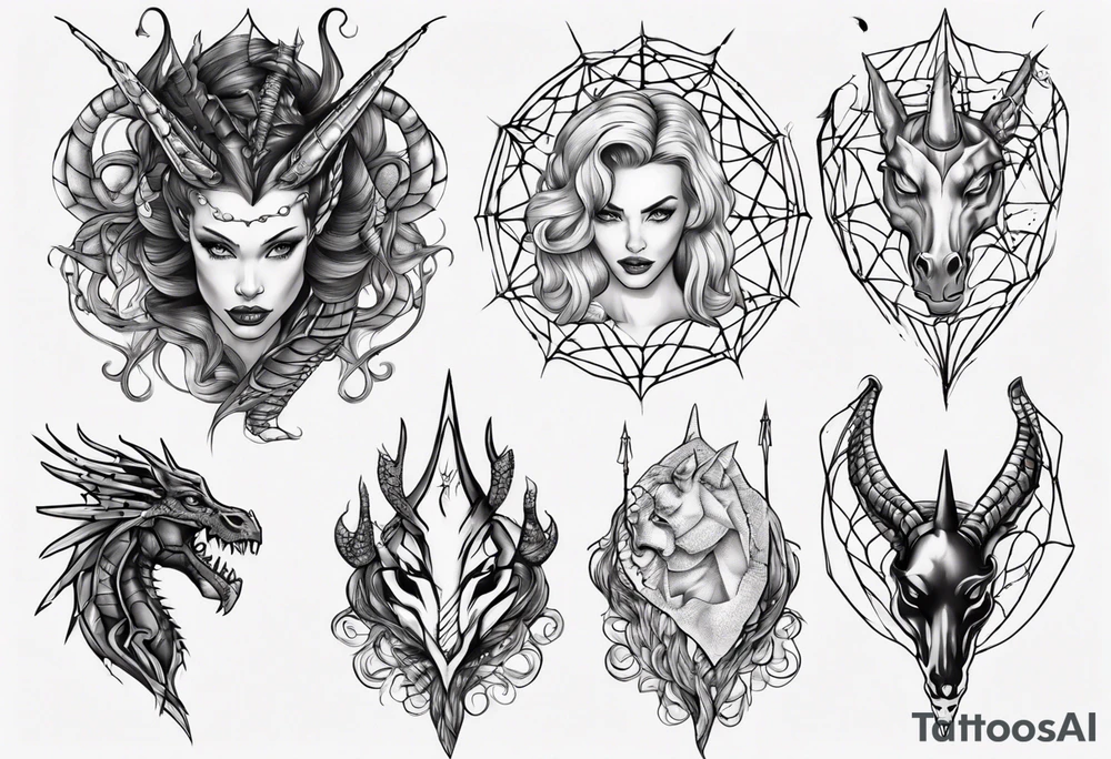 Black widow queen tangled web dragon scales unicorn tattoo idea