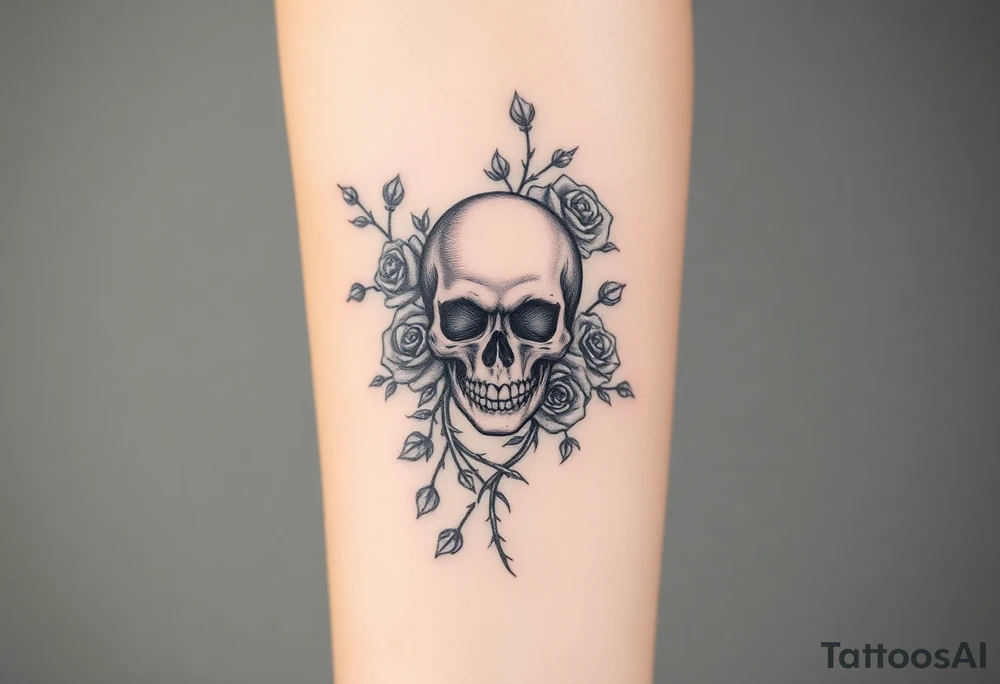 gothic skull intertwined with climbing roses and thorny vines tattoo idea