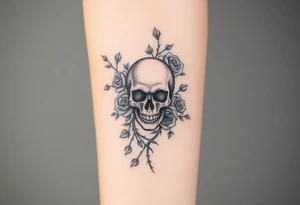 gothic skull intertwined with climbing roses and thorny vines tattoo idea