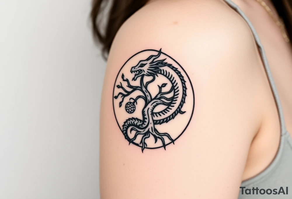 a dragon forming a circle with its body.  the dragon encircles the tree of life.   the tree of life has fruit  and the dragon is eating the fruit. the roots of the tree are strangling the tail of the dragon tattoo idea