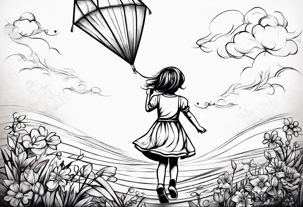 the back of a little girl in a dress, flying a kite tattoo idea
