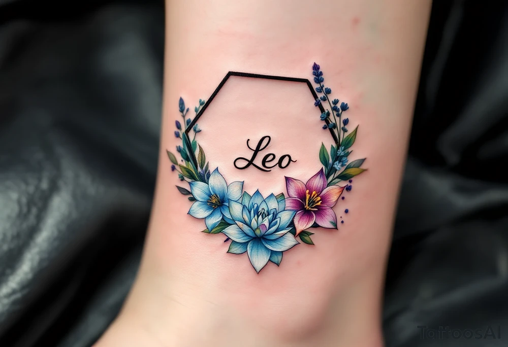 Leo sign, larkspur and water lily surrounded by a hexagon tattoo idea