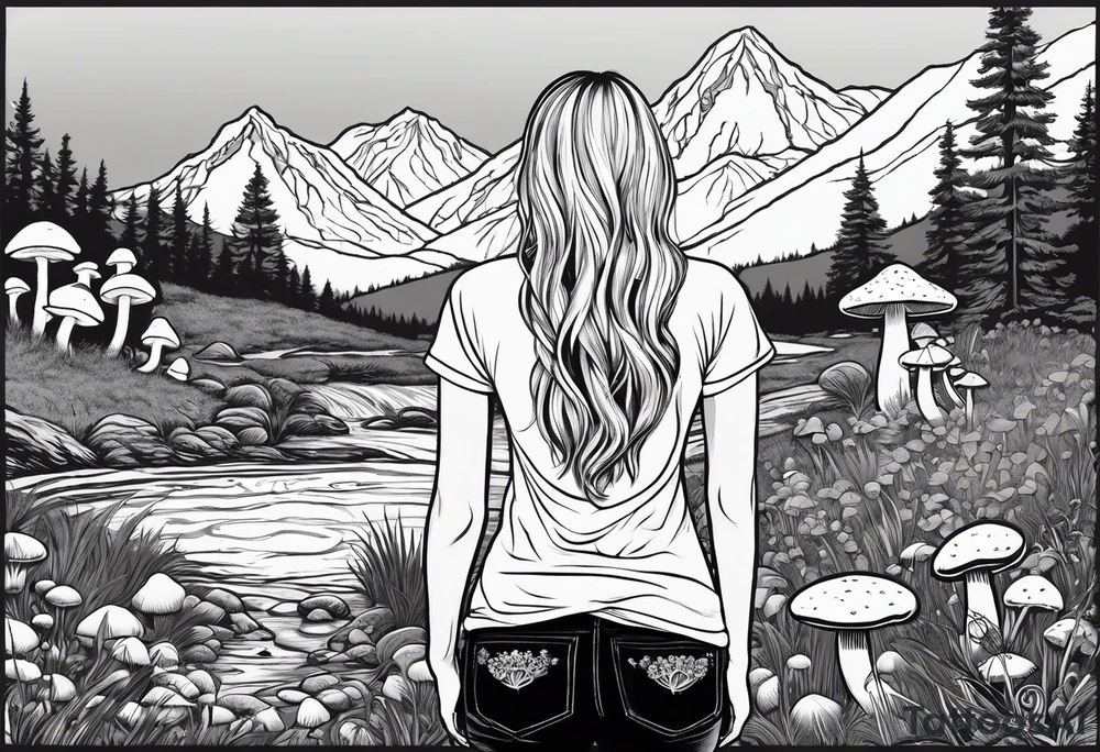 Straight long blonde hair hippie girl in distance holding mushrooms in hand facing away toward mountains and creek surrounded by mushrooms tee shirt and hiking pants; whole rendering within a full circle, no cut off circle tattoo idea