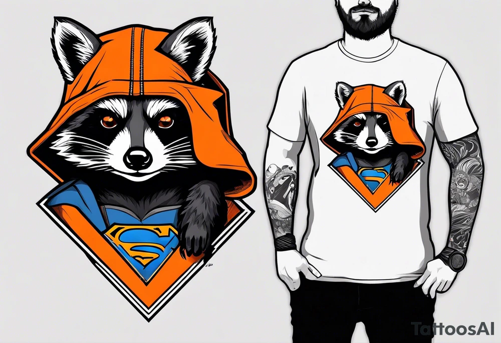 Raccoon wearing an orange Superman hoodie tattoo idea
