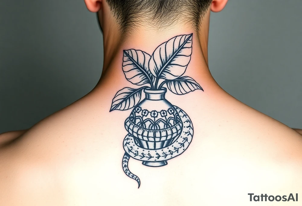 Decorative vase with monstera leaves and a snake wrapped around tattoo idea