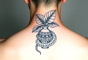 Decorative vase with monstera leaves and a snake wrapped around tattoo idea