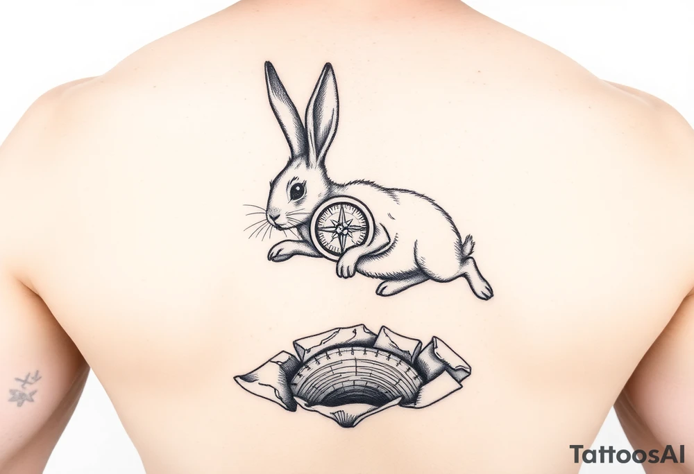 Rabbit with compass jumping down the rabbit hole tattoo idea